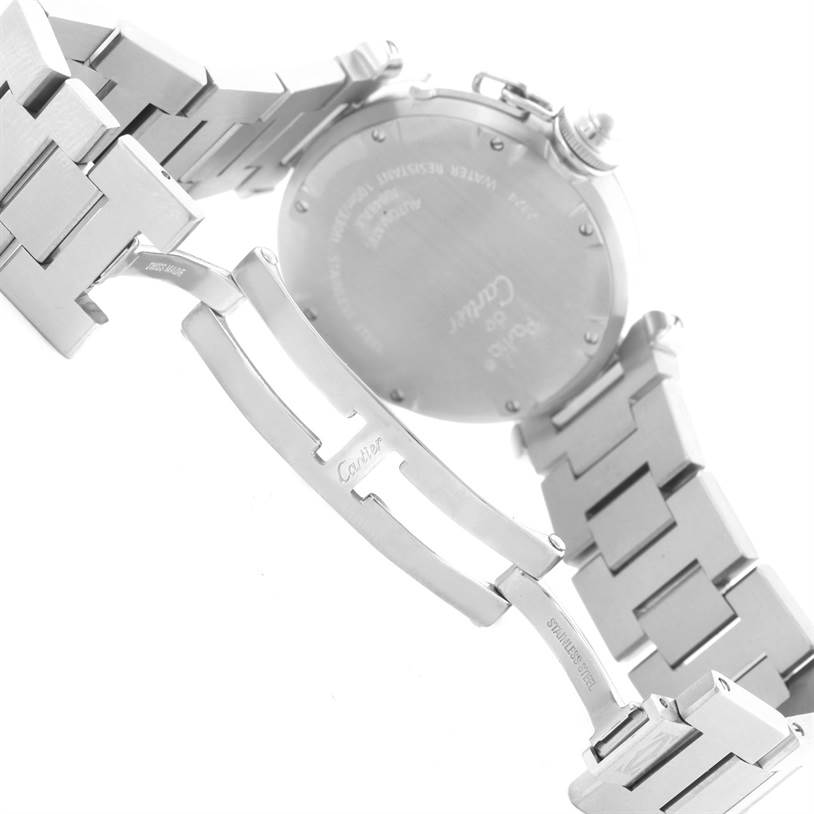 The image shows the backside and clasp of a Cartier Pasha W31075M7 Women
s Stainless Steel Pink Dial W31075M7 Women
s Stainless Steel Pink Dial watch, highlighting its stainless steel bracelet and locking mechanism.