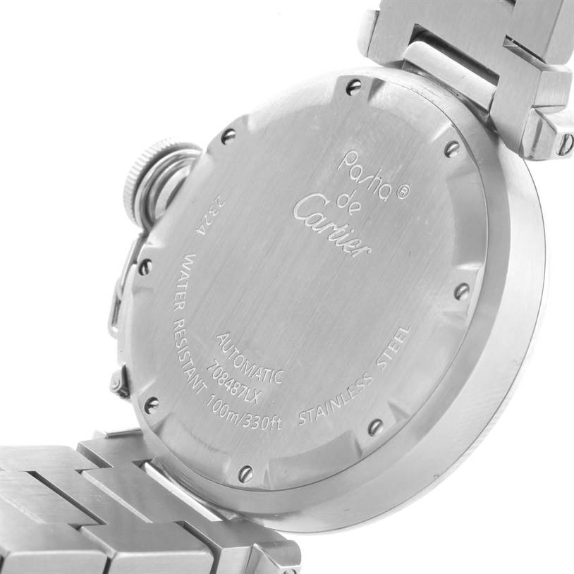 This image shows the back case of a Cartier Pasha W31075M7 Women
s Stainless Steel Pink Dial W31075M7 Women
s Stainless Steel Pink Dial watch, highlighting the specifications and branding.