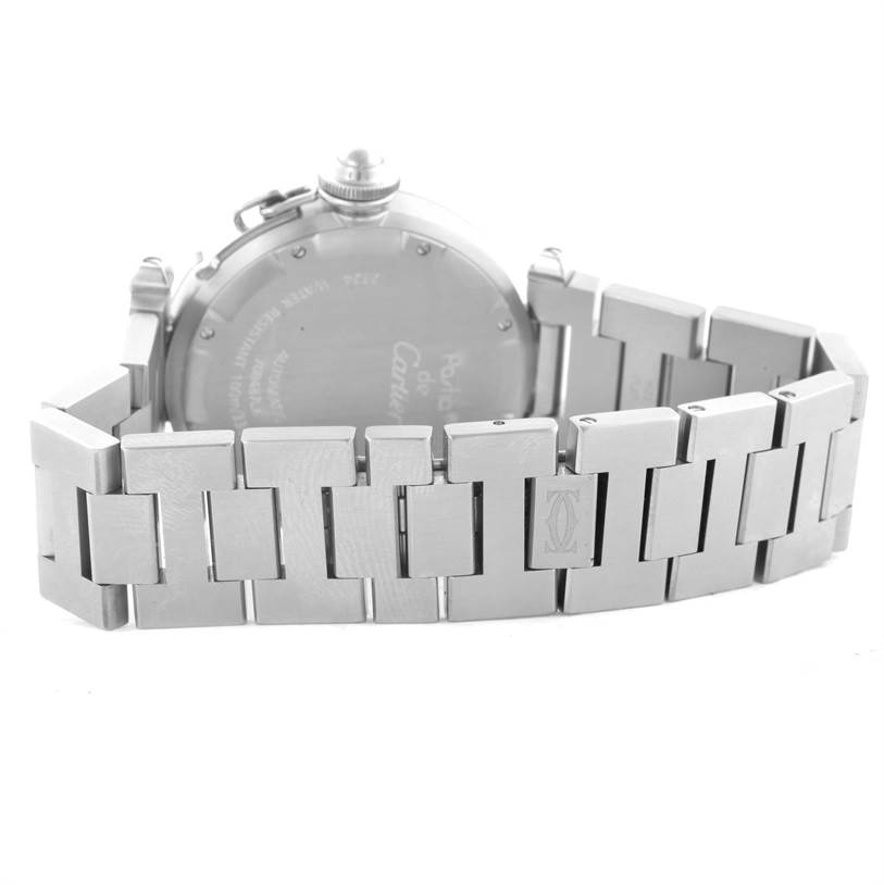 This image shows the back case and bracelet of a Pasha model watch by Cartier.