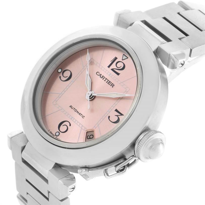 This image shows a Cartier Pasha W31075M7 Women
s Stainless Steel Pink Dial W31075M7 Women
s Stainless Steel Pink Dial watch at a slight angle, highlighting the face, bezel, crown, and part of the bracelet.