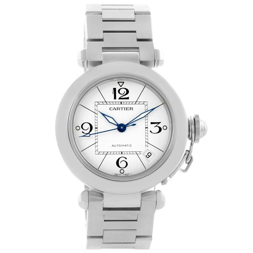 The image shows a front-facing view of a Cartier Pasha W31074M7 Women's Stainless Steel White Dial W31074M7 Women's Stainless Steel White Dial watch, highlighting its round dial, markers, and metal bracelet.