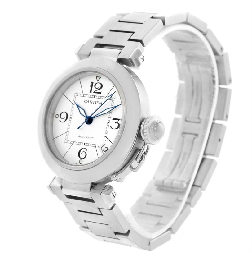 The image shows a Cartier Pasha W31074M7 Women's Stainless Steel White Dial W31074M7 Women's Stainless Steel White Dial watch at a slight angle with the face, crown, and bracelet fully visible.
