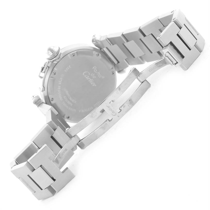 The image shows the back case and metal bracelet of the Cartier Pasha W31074M7 Women's Stainless Steel White Dial W31074M7 Women's Stainless Steel White Dial watch, viewed from an angled perspective.