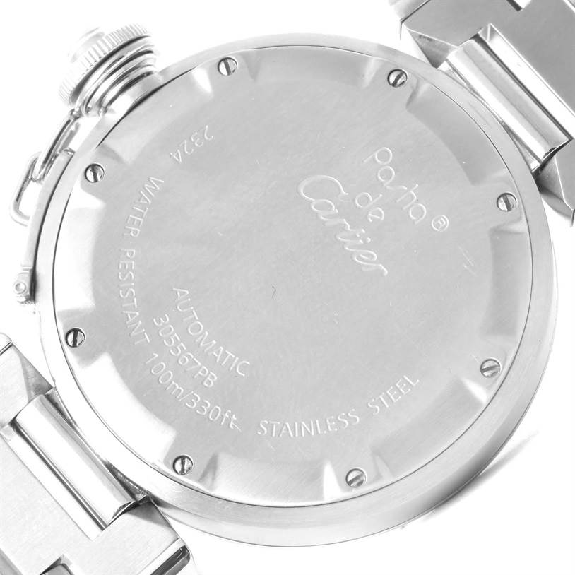 The image shows the back case and part of the band of a Cartier Pasha W31074M7 Women's Stainless Steel White Dial W31074M7 Women's Stainless Steel White Dial watch, highlighting the engraved details.