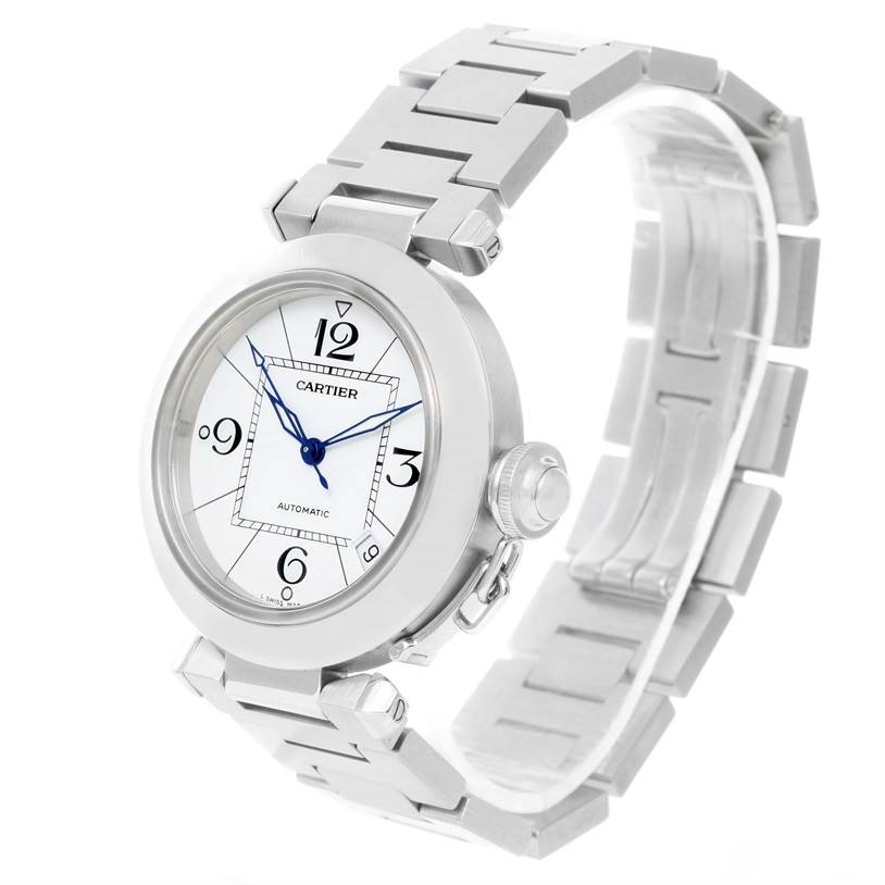 This image shows the Cartier Pasha W31074M7 Women's Stainless Steel White Dial W31074M7 Women's Stainless Steel White Dial watch from an angled side view displaying the watch dial and part of the metal bracelet.
