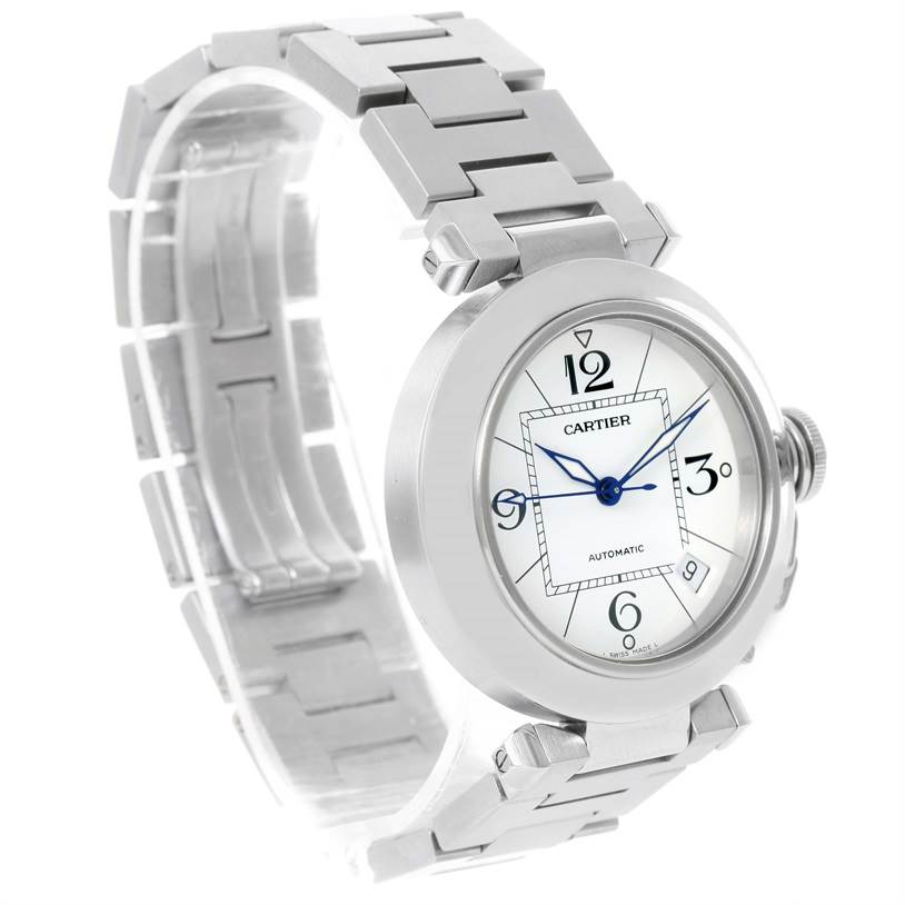 This image shows a Cartier Pasha W31074M7 Women's Stainless Steel White Dial W31074M7 Women's Stainless Steel White Dial watch from a three-quarter angle, highlighting its face, bracelet, and crown.