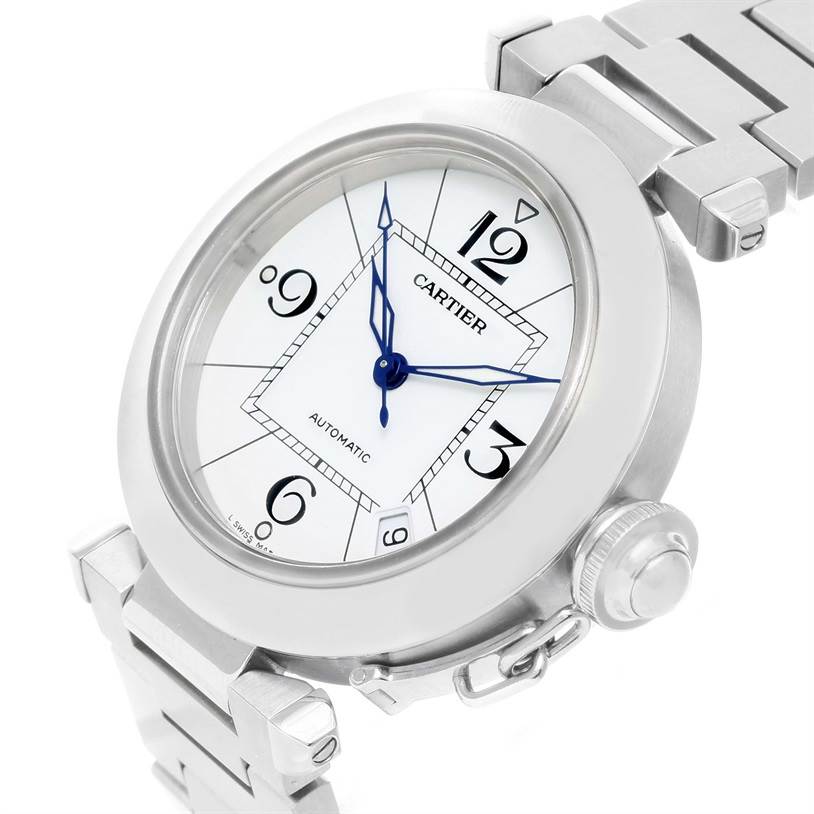 The Cartier Pasha W31074M7 Women's Stainless Steel White Dial W31074M7 Women's Stainless Steel White Dial watch is shown from a slightly angled top view, displaying the face, case, crown, and part of the bracelet.