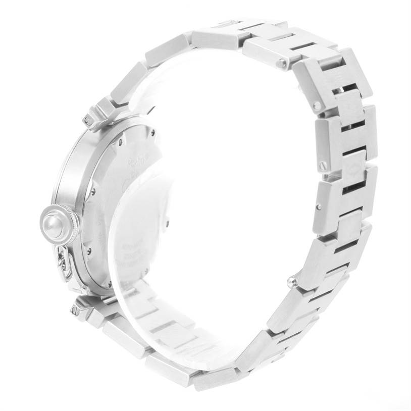 This image shows the rear angle of a Cartier Pasha W31074M7 Women's Stainless Steel White Dial W31074M7 Women's Stainless Steel White Dial watch, highlighting the back case and part of the metal bracelet.