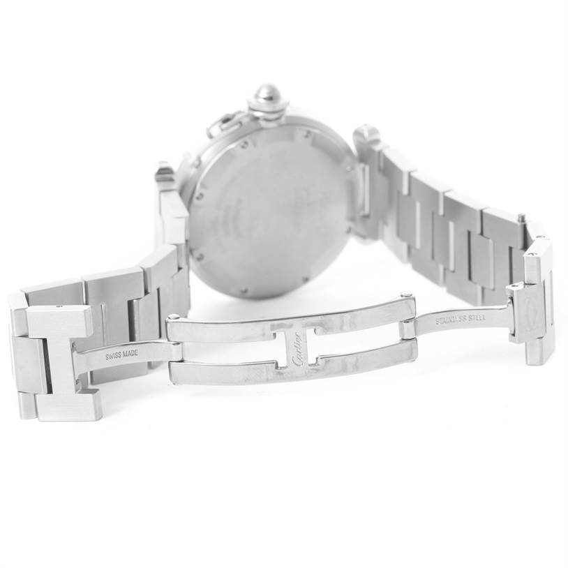 The image shows the open clasp and back view of a Cartier Pasha W31074M7 Women's Stainless Steel White Dial W31074M7 Women's Stainless Steel White Dial watch, highlighting its stainless steel band and case.