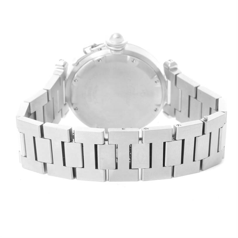 This image shows the closed back case and metal bracelet of a Cartier Pasha W31074M7 Women's Stainless Steel White Dial W31074M7 Women's Stainless Steel White Dial watch from a rear angle.