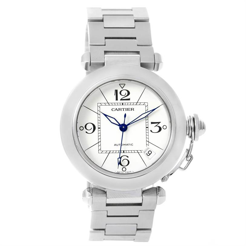 The image shows a front view of a Cartier Pasha W31074M7 Women's Stainless Steel White Dial W31074M7 Women's Stainless Steel White Dial watch, displaying the face, bezel, bracelet, and crown.