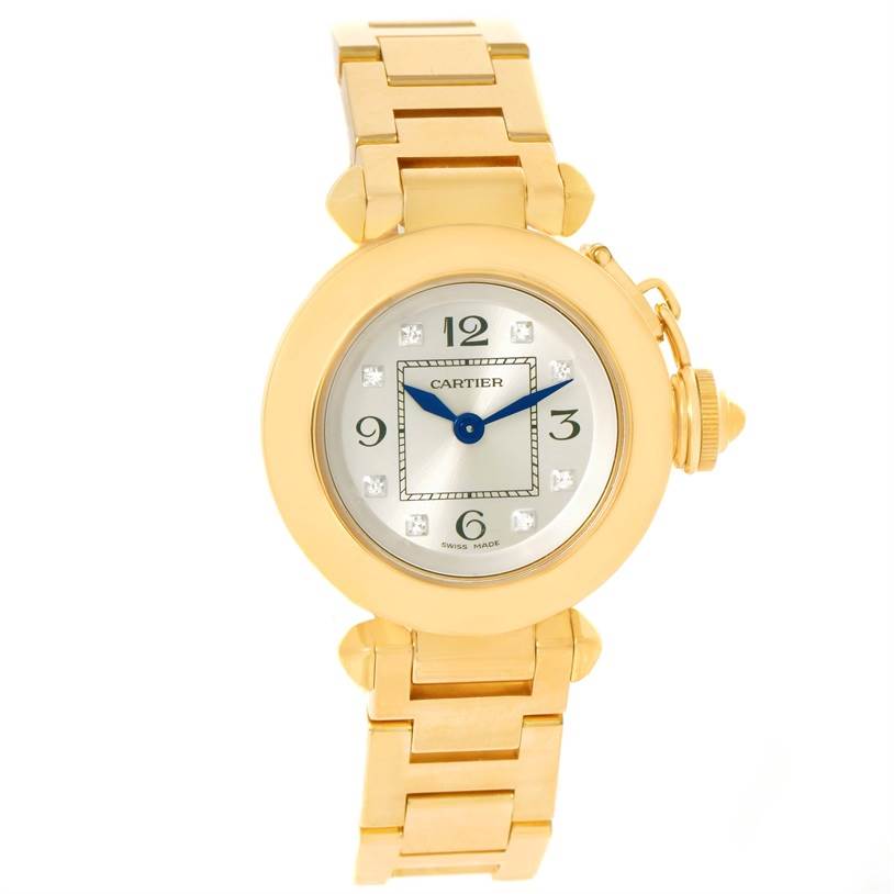This image shows a front view of the Cartier Pasha WJ124015 Women's Yellow Gold Silver Dial WJ124015 Women's Yellow Gold Silver Dial watch, featuring its dial, case, and linked bracelet.