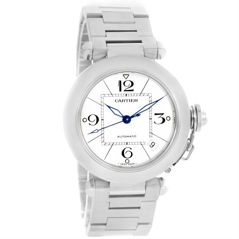 The image shows a front view of a Cartier Pasha W31074M7 Women's Stainless Steel White Dial W31074M7 Women's Stainless Steel White Dial watch, highlighting the dial, bracelet, and crown.