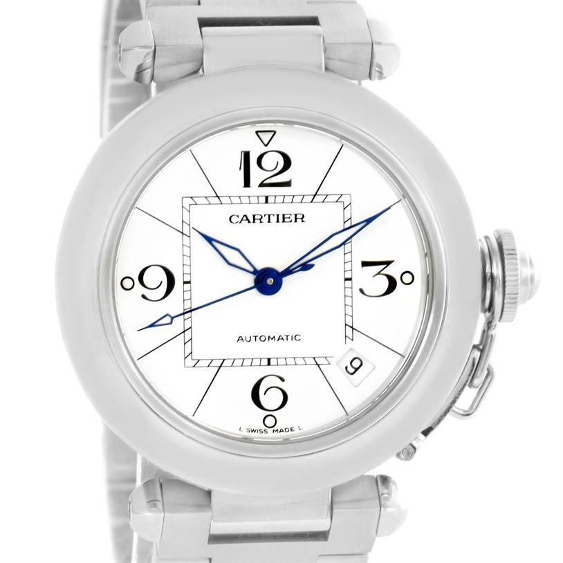 This image shows a front view of the Cartier Pasha W31074M7 Women's Stainless Steel White Dial W31074M7 Women's Stainless Steel White Dial watch, highlighting its dial, hour markers, and crown.