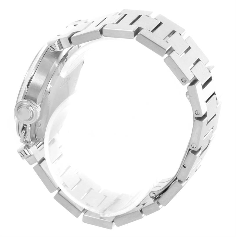 This image shows the side view of the Cartier Pasha W31074M7 Women's Stainless Steel White Dial W31074M7 Women's Stainless Steel White Dial watch, highlighting its bracelet and side crown.