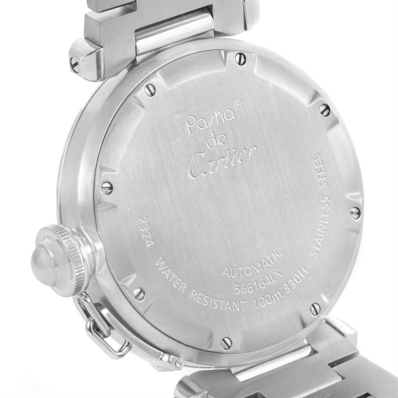 The image shows the back case and part of the bracelet of the Cartier Pasha W31074M7 Women's Stainless Steel White Dial W31074M7 Women's Stainless Steel White Dial watch, highlighting its inscriptions and water resistance information.