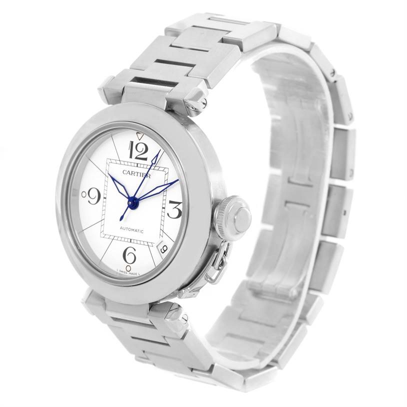 The image shows a side-front angle of the Cartier Pasha W31074M7 Women's Stainless Steel White Dial W31074M7 Women's Stainless Steel White Dial watch, highlighting its dial, case, crown, and metal bracelet.