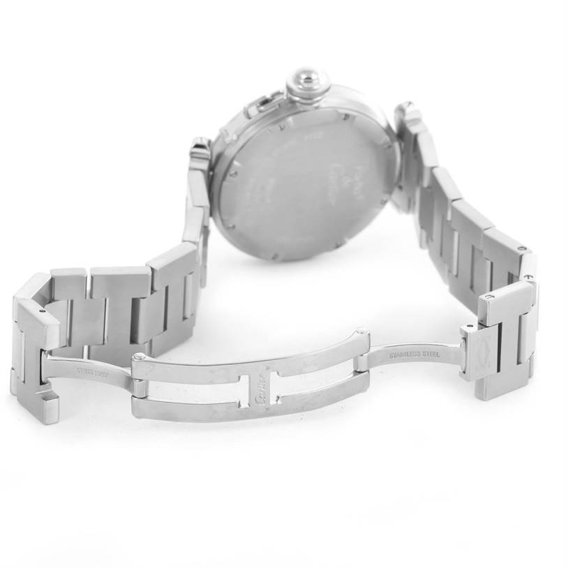 The image shows the back and bracelet of a Cartier Pasha W31074M7 Women's Stainless Steel White Dial W31074M7 Women's Stainless Steel White Dial watch from a rear angle, highlighting the clasp and stainless steel links.