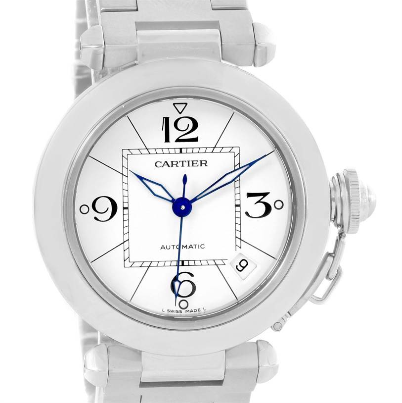This image shows a front view of a Cartier Pasha W31074M7 Women's Stainless Steel White Dial W31074M7 Women's Stainless Steel White Dial watch, highlighting its dial, hands, and bracelet.