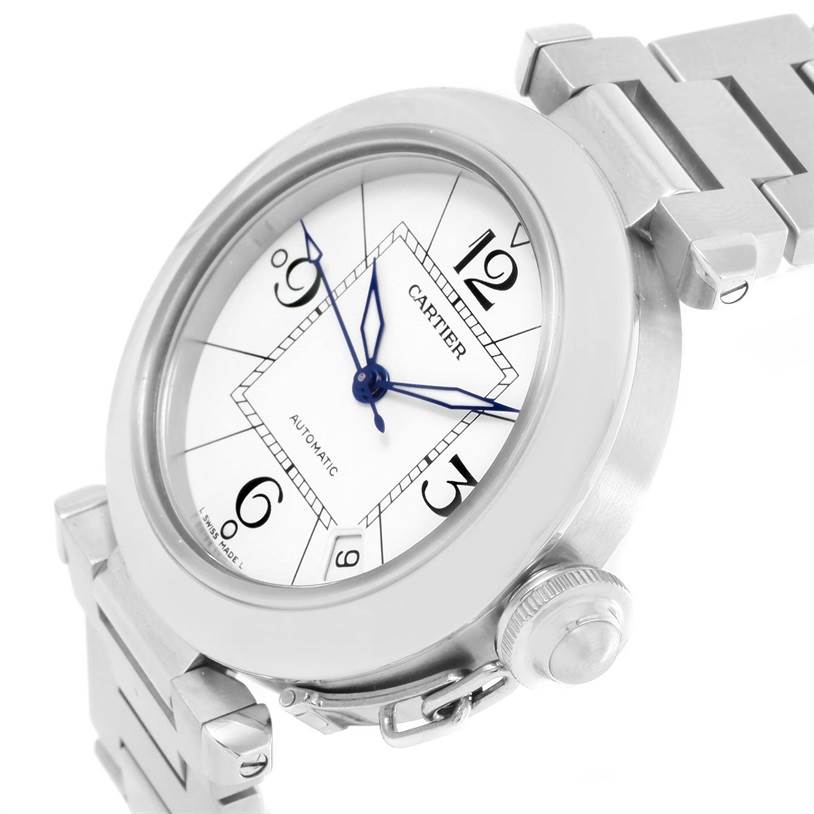 The image shows a front side angle of the Cartier Pasha W31074M7 Women's Stainless Steel White Dial W31074M7 Women's Stainless Steel White Dial watch, displaying its dial, case, and part of the bracelet.