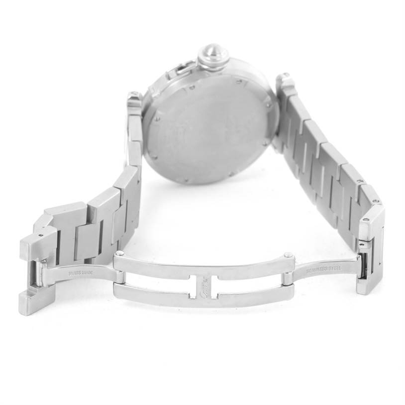 This image shows the back and bracelet clasp of a Cartier Pasha W31074M7 Women's Stainless Steel White Dial W31074M7 Women's Stainless Steel White Dial watch from the bottom angle.
