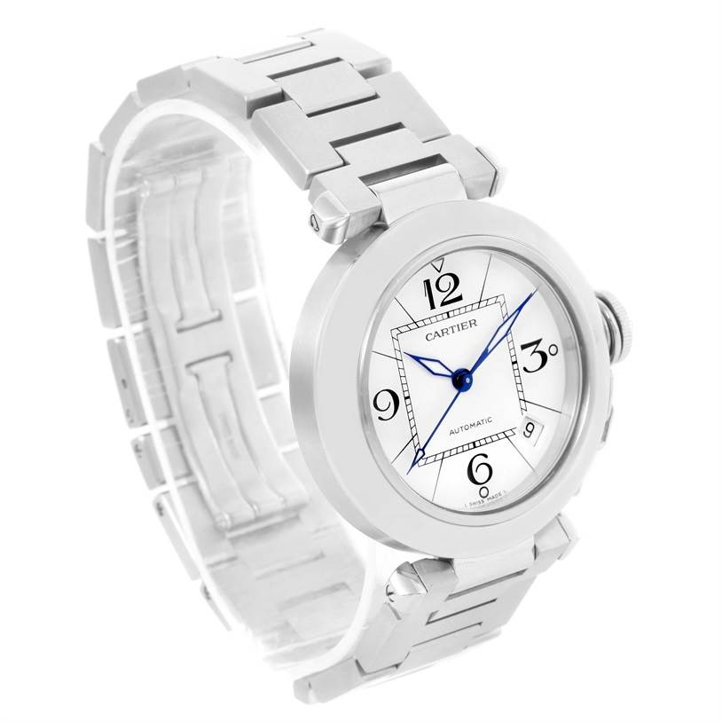 The Cartier Pasha W31074M7 Women's Stainless Steel White Dial W31074M7 Women's Stainless Steel White Dial watch is shown at an angle displaying the face, bezel, and part of the bracelet.