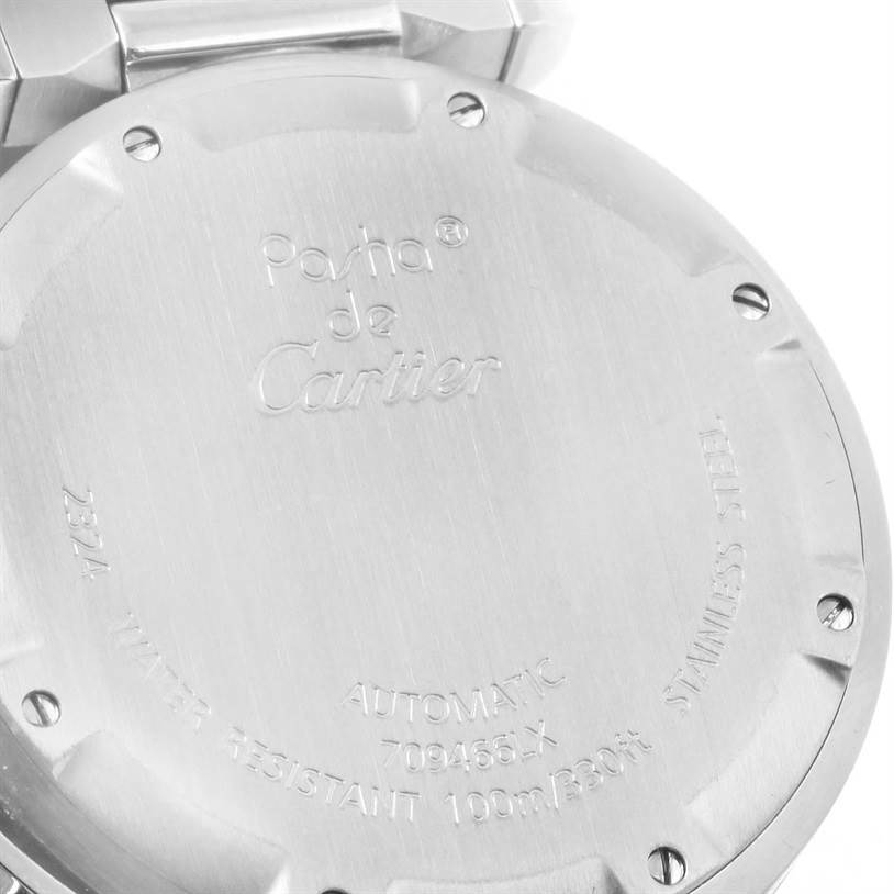 The image shows the back case of a Cartier Pasha W31074M7 Women's Stainless Steel White Dial W31074M7 Women's Stainless Steel White Dial watch, displaying its model information and specifications.