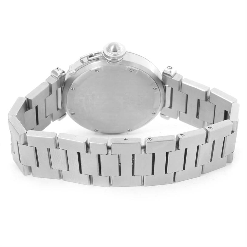The image shows the rear view of a Cartier Pasha W31074M7 Women's Stainless Steel White Dial W31074M7 Women's Stainless Steel White Dial watch focusing on the case back and bracelet.