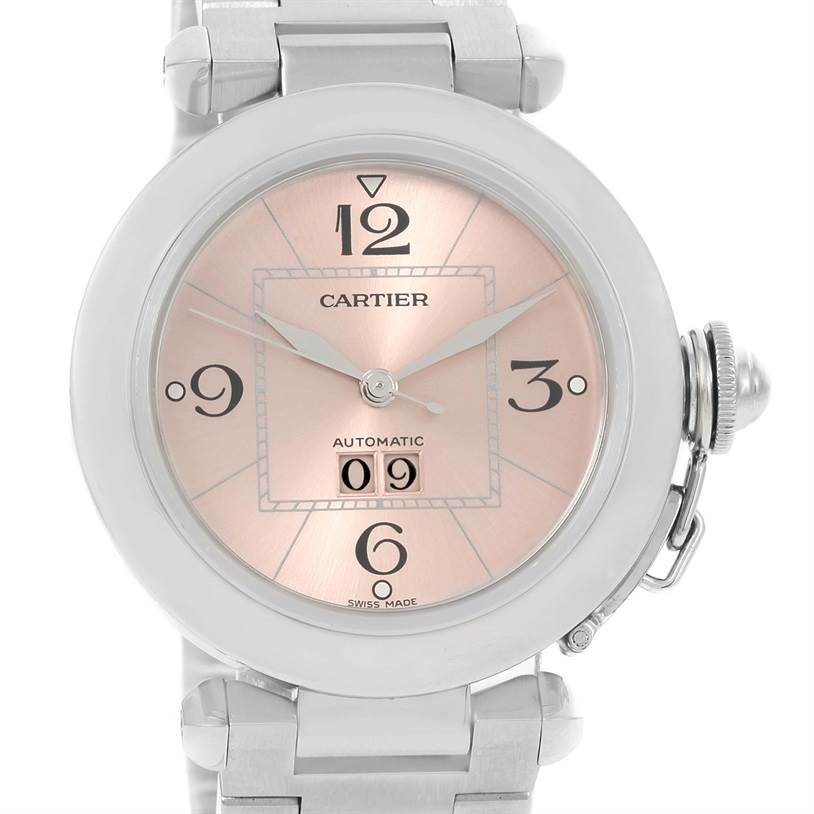 This image shows the Cartier Pasha W31058M7 Women's Stainless Steel Pink Dial W31058M7 Women's Stainless Steel Pink Dial watch face, including the crown, date display, and part of the metal bracelet.