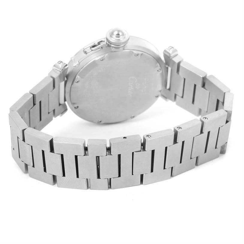 The image shows the back case and metal bracelet of the Cartier Pasha W31058M7 Women's Stainless Steel Pink Dial W31058M7 Women's Stainless Steel Pink Dial watch from a rear angle.
