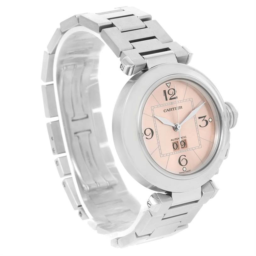 The image shows a Cartier Pasha W31058M7 Women's Stainless Steel Pink Dial W31058M7 Women's Stainless Steel Pink Dial watch from an angled front view, highlighting the dial, case, and bracelet.