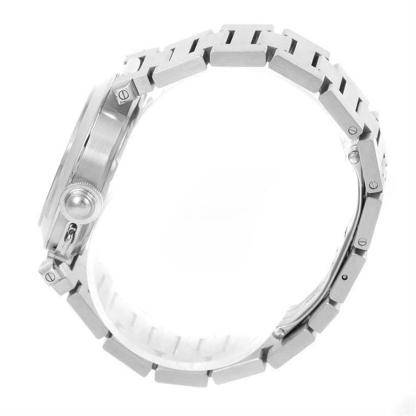 This image shows a side profile of the Cartier Pasha W31058M7 Women's Stainless Steel Pink Dial W31058M7 Women's Stainless Steel Pink Dial watch, focusing on its case and metal bracelet.