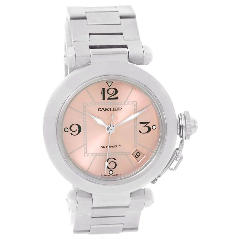 This image shows a front view of a Cartier Pasha W31075M7 Women's Stainless Steel Pink Dial W31075M7 Women's Stainless Steel Pink Dial watch with its distinctive dial, bezel, and bracelet.
