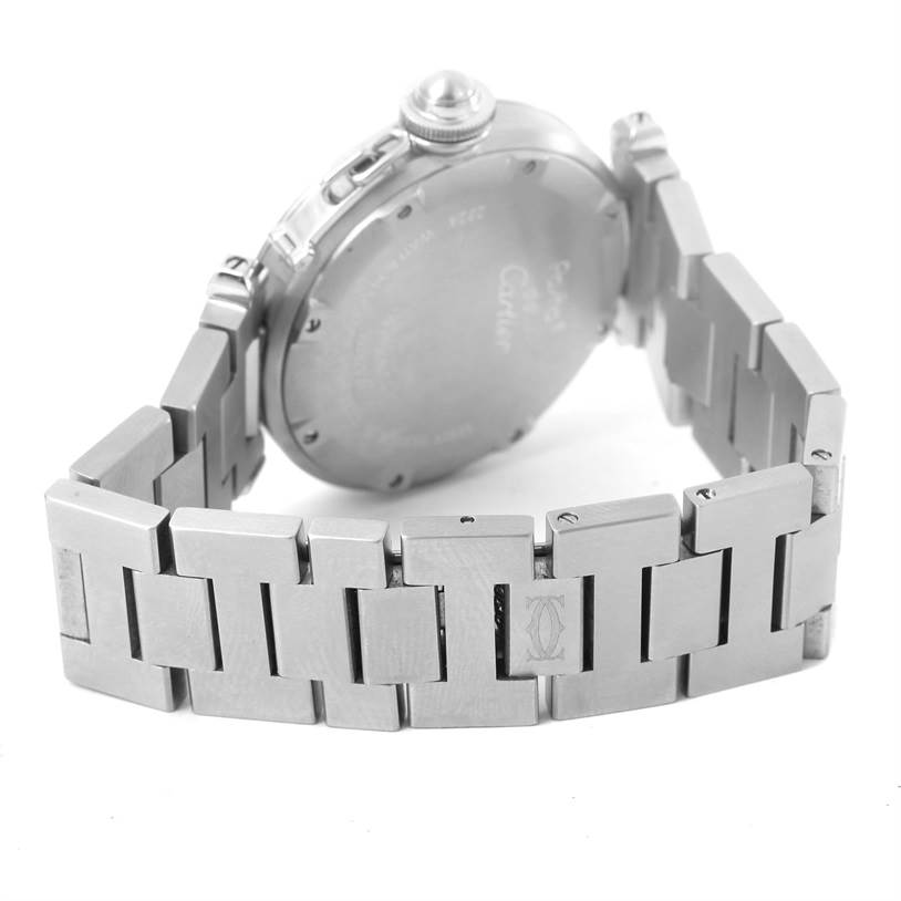 This image shows the back and clasp of a Cartier Pasha W31075M7 Women's Stainless Steel Pink Dial W31075M7 Women's Stainless Steel Pink Dial model watch, focusing on the bracelet and case back.