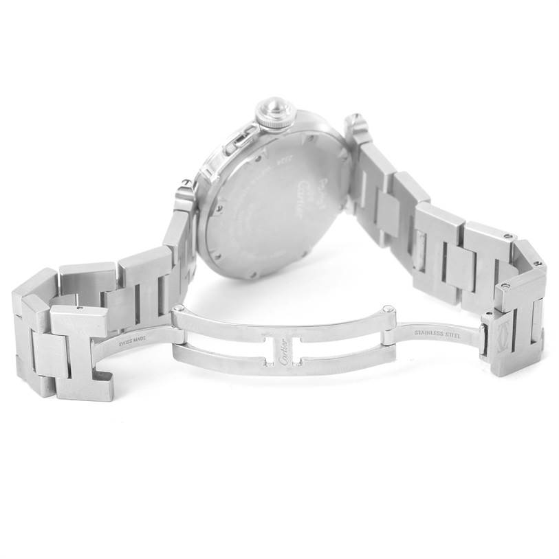 The image shows the back and bracelet clasp of a Cartier Pasha W31075M7 Women's Stainless Steel Pink Dial W31075M7 Women's Stainless Steel Pink Dial watch from a rear angle.