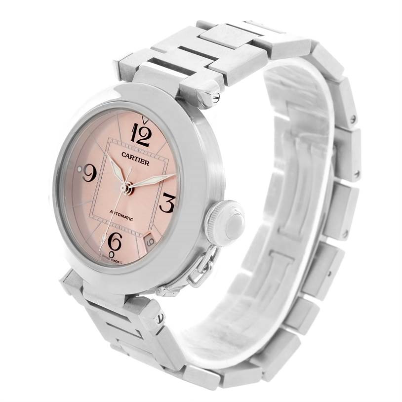 The image shows a Cartier Pasha W31075M7 Women's Stainless Steel Pink Dial W31075M7 Women's Stainless Steel Pink Dial watch from a three-quarter angle, highlighting the bracelet, round face, and crown guard.