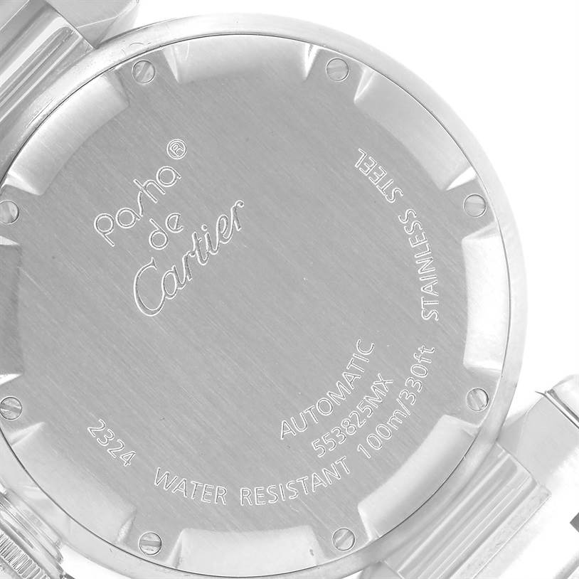 The image shows the back case of a Cartier Pasha W31075M7 Women's Stainless Steel Pink Dial W31075M7 Women's Stainless Steel Pink Dial watch, displaying engravings including model details.