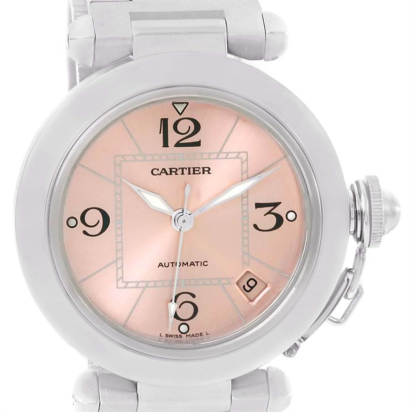 This image shows the Cartier Pasha W31075M7 Women's Stainless Steel Pink Dial W31075M7 Women's Stainless Steel Pink Dial model watch face from the front, displaying its dial, hands, and crown.