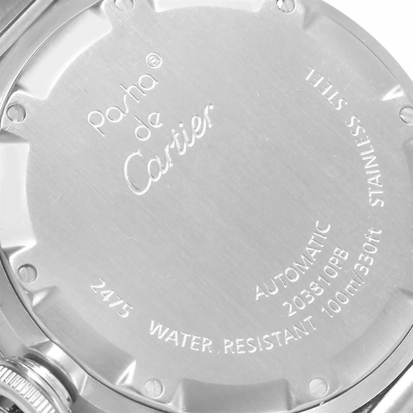 This image shows the back case of the Pasha de Cartier watch, highlighting its model details and specifications.