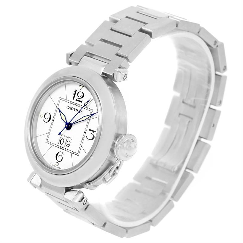 The image shows a Cartier Pasha W31055M7 Women's Stainless Steel White Dial W31055M7 Women's Stainless Steel White Dial watch angled to display its face, crown, and part of the stainless steel band.
