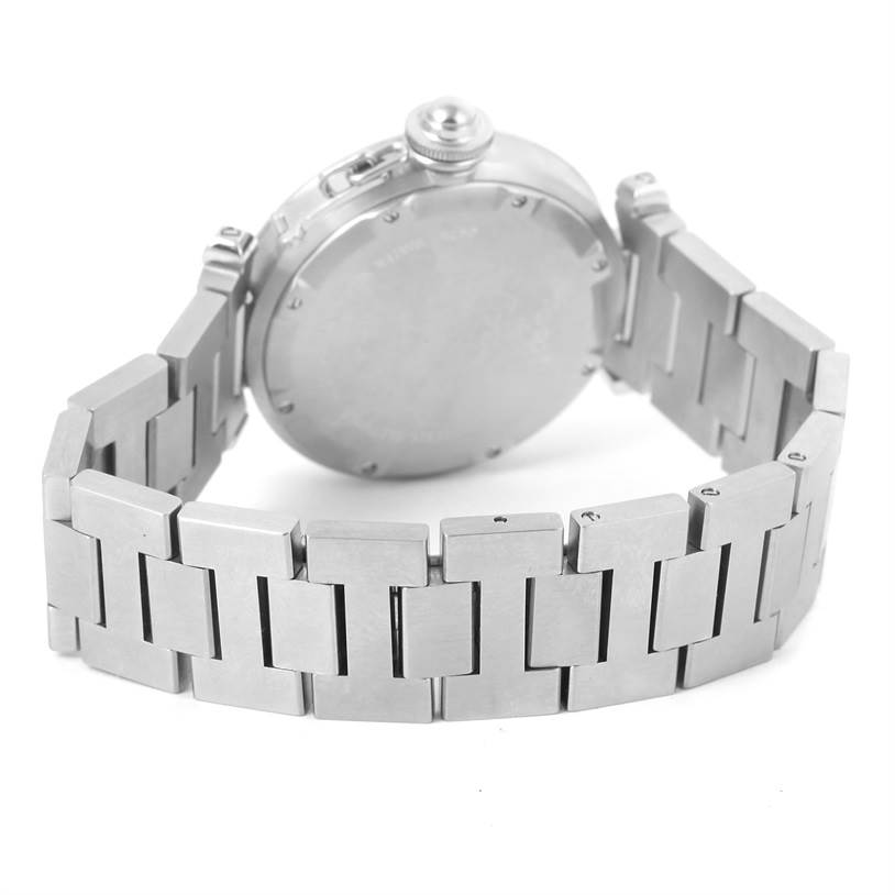 The image shows the back case and metallic bracelet of a Cartier Pasha W31055M7 Women's Stainless Steel White Dial W31055M7 Women's Stainless Steel White Dial watch from a slightly angled rear view.