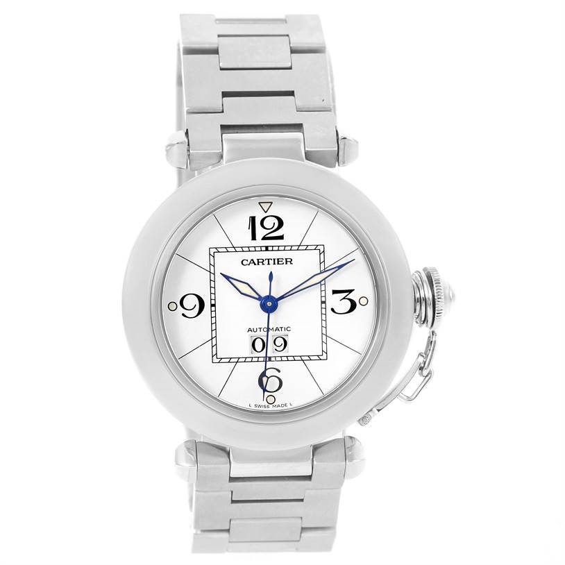 The Cartier Pasha W31055M7 Women's Stainless Steel White Dial W31055M7 Women's Stainless Steel White Dial watch is shown from a front angle, featuring its face, bracelet, and crown.
