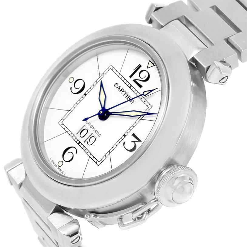 The Cartier Pasha W31055M7 Women's Stainless Steel White Dial W31055M7 Women's Stainless Steel White Dial watch is shown at a slight side angle, showcasing the face, crown, and part of the metal bracelet.