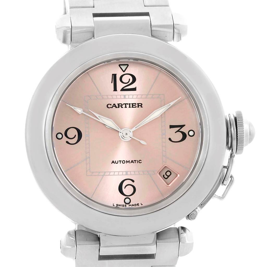 The image shows a frontal view of the Cartier Pasha W31075M7 Men
s Stainless Steel Pink Dial W31075M7 Men
s Stainless Steel Pink Dial watch, highlighting its dial, hands, and part of the bracelet.