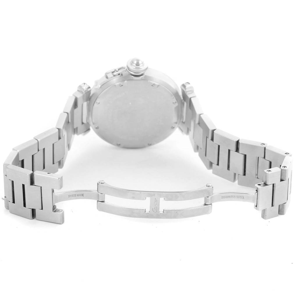 The image shows the back view of a Cartier Pasha W31075M7 Men
s Stainless Steel Pink Dial W31075M7 Men
s Stainless Steel Pink Dial watch, highlighting its stainless steel case and bracelet with the clasp open.