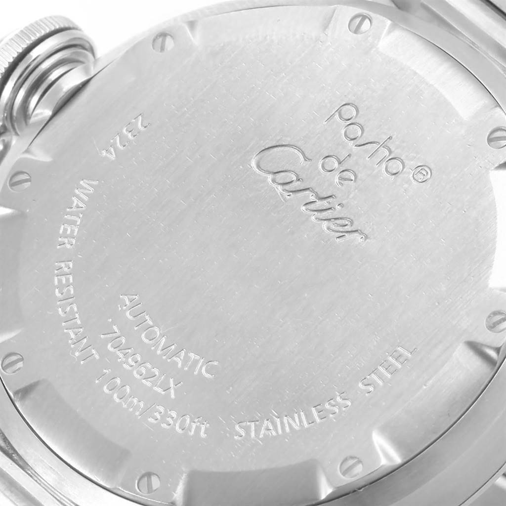 The image shows the back of a Cartier Pasha W31075M7 Men
s Stainless Steel Pink Dial W31075M7 Men
s Stainless Steel Pink Dial watch, emphasizing the engravings and the caseback details.