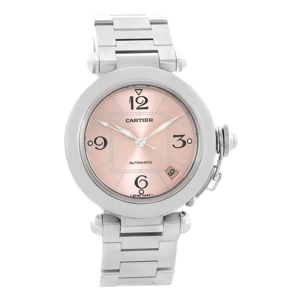 The image shows a front view of a Cartier Pasha W31075M7 Men
s Stainless Steel Pink Dial W31075M7 Men
s Stainless Steel Pink Dial model watch, highlighting its pink dial and steel bracelet.