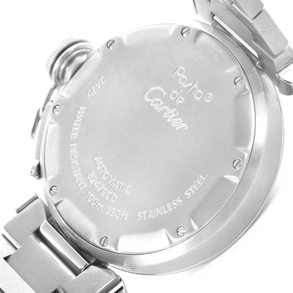 The image shows the back case and part of the bracelet of a Cartier Pasha W31044M7 Men's Stainless Steel White Dial W31044M7 Men's Stainless Steel White Dial watch from an angle.