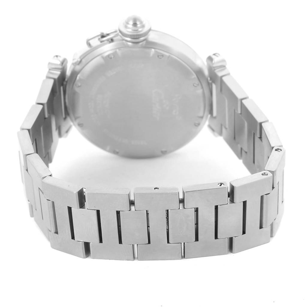 This image shows the back and bracelet of a Cartier Pasha W31044M7 Men's Stainless Steel White Dial W31044M7 Men's Stainless Steel White Dial watch from a rear angle.