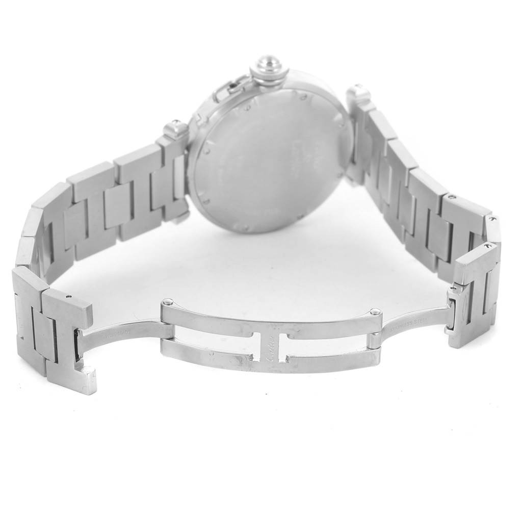 The image shows the back and open metal bracelet of a Cartier Pasha W31044M7 Men's Stainless Steel White Dial W31044M7 Men's Stainless Steel White Dial watch.